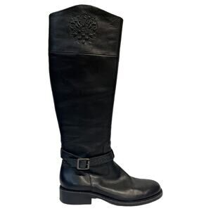 Vince Camuto Riding Boots Womens 6.5 Flavian Leather High Logo Buckle Zipper Blk